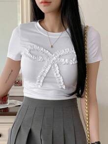 Camiseta ajustada de manga corta con cuello redondo, volantes y lazo, unicolor para mujer, crop top para mujer en Pascua - Blanco - Ver 3