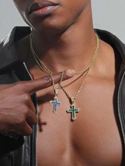 1 mặt dây chuyền hình thánh giá phong cách Hip-Hop đính đá Zirconium kèm dây chuyền thép không gỉ dành cho nam giới.