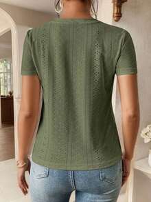 Camiseta blanca de cuello redondo con bordado de ojales, minimalista para ir a la oficina, estilo antiguo y sencillo - Verde militar - Ver 2