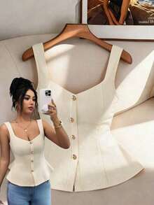 Top de tirantes anchos con cuello cuadrado, abotonado delantero, cintura plisada y ajustado para mujer, unicolor y elegante - Albaricoque - Ver 1