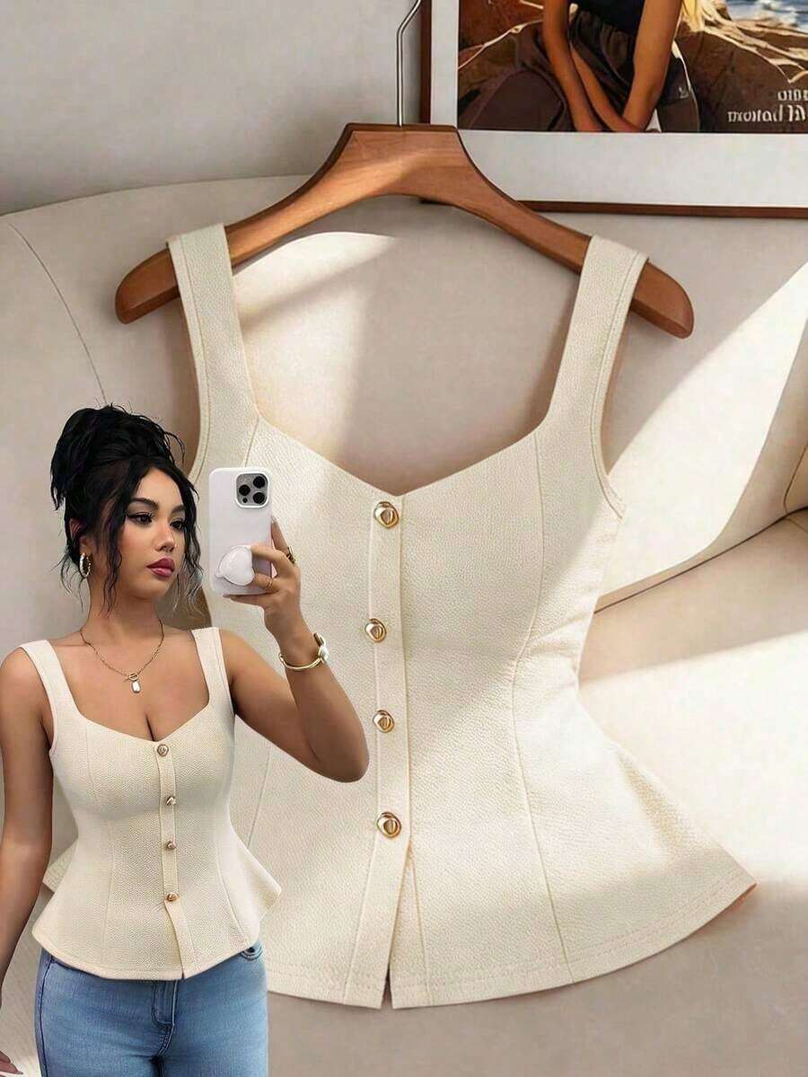 Top de tirantes anchos con cuello cuadrado, abotonado delantero, cintura plisada y ajustado para mujer, unicolor y elegante - Albaricoque - Ver 1