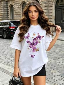 Women's Soft And Casual Short-Sleeved Crew Neck T-Shirt With A Purple And Gold Butterfly Graphic Print, Perfect For Spring And Summer Outfits. Black. - 白色 - 查看 2