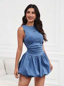Vestido de mezclilla con volantes y espalda descubierta, elegante y ceñido a la cintura - Azul lavado medio - Ver 3