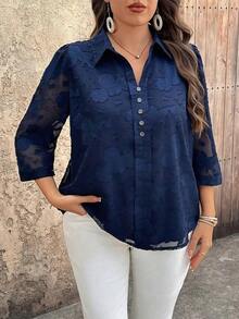 Blusa casual de mujer talla grande de unicolor, cuello en V, manga 3/4, decoración con botones, de tela de chifón jacquard - Azul marino - Ver 7