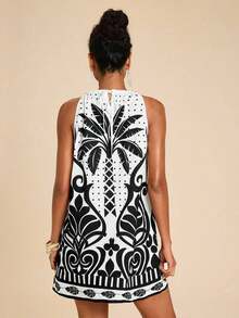 Vestido corto holgado con hombros al descubierto y estampado tejido para mujeres para vacaciones - Blanco y Negro - Ver 3
