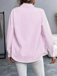Camisa casual de manga larga con botones, cuello polo y estampado de rayas bordado - Rosa - Ver 2