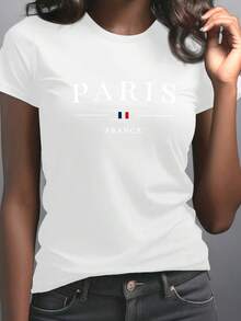 Women's Paris, France Graphic T-Shirt - Green Short Sleeve Casual Crew Neck Tee With Eiffel Tower And French Flag Design, Comfortable Medium Elastic Fit For Casual Wear, Women's T-Shirts - 白色 - 查看 12