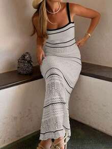Vestido de punto ajustado sin mangas con rayas negras y beige elegante y minimalista para mujer, vestido de ganchillo ajustado casual con recortes, para primavera/verano/otoño - Gris Claro - Ver 6