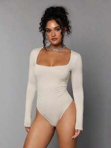 Body De Manga Larga Con Cuello Cuadrado Para Mujer - Beis - Ver 4