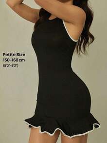 Vestido de moda minivestido sin mangas con cuello redondo y dobladillo con volantes para mujer - Negro - Ver 8