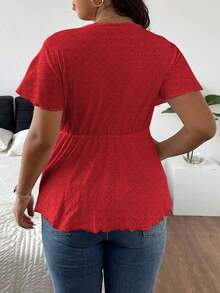 CosyJoli Camiseta de mujer de talla grande con cuello en V, parche de encaje y textura a rayas en forma de A - Rojo - Ver 2