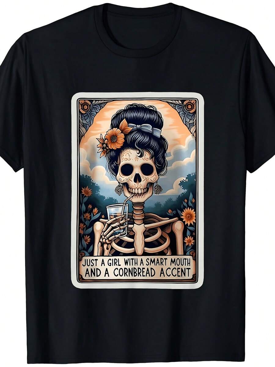 Camiseta Vintage Estilo Años 70 con Estampado de Cartas del Tarot y Flores Silvestres para Hombre - Camiseta casual de manga corta, cuello redondo, de puro algodón negro, con el estampado "Smart as a Comb", transpirable y cómoda, lavable a máquina. - Negro - Ver 1
