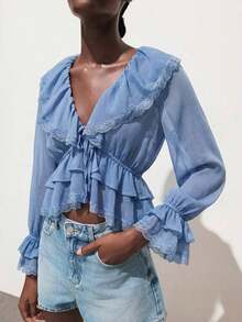 Blusa con botones y mangas con volantes con estampado floral de verano - Azul - Ver 5