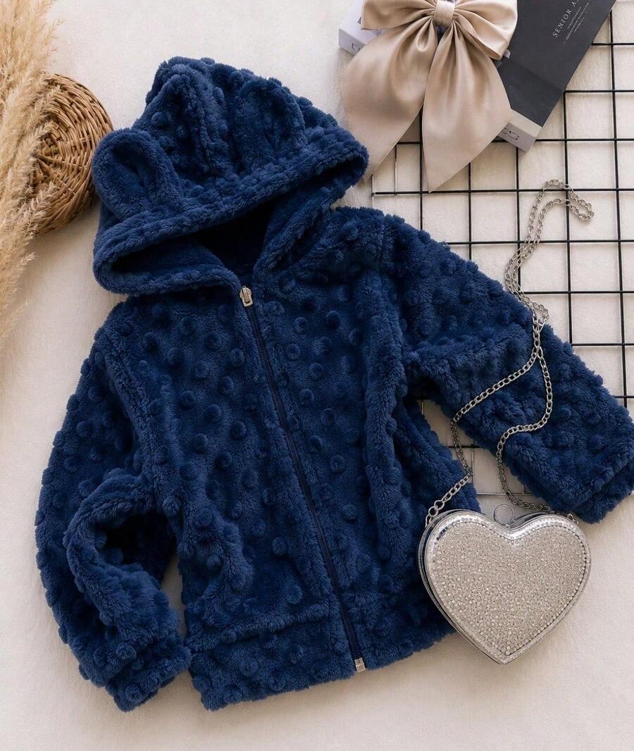 Children's Hooded Jacket With Ears - Cold Weather Fashion Blogger Autumn Winter - Azul Marino - Ver 1