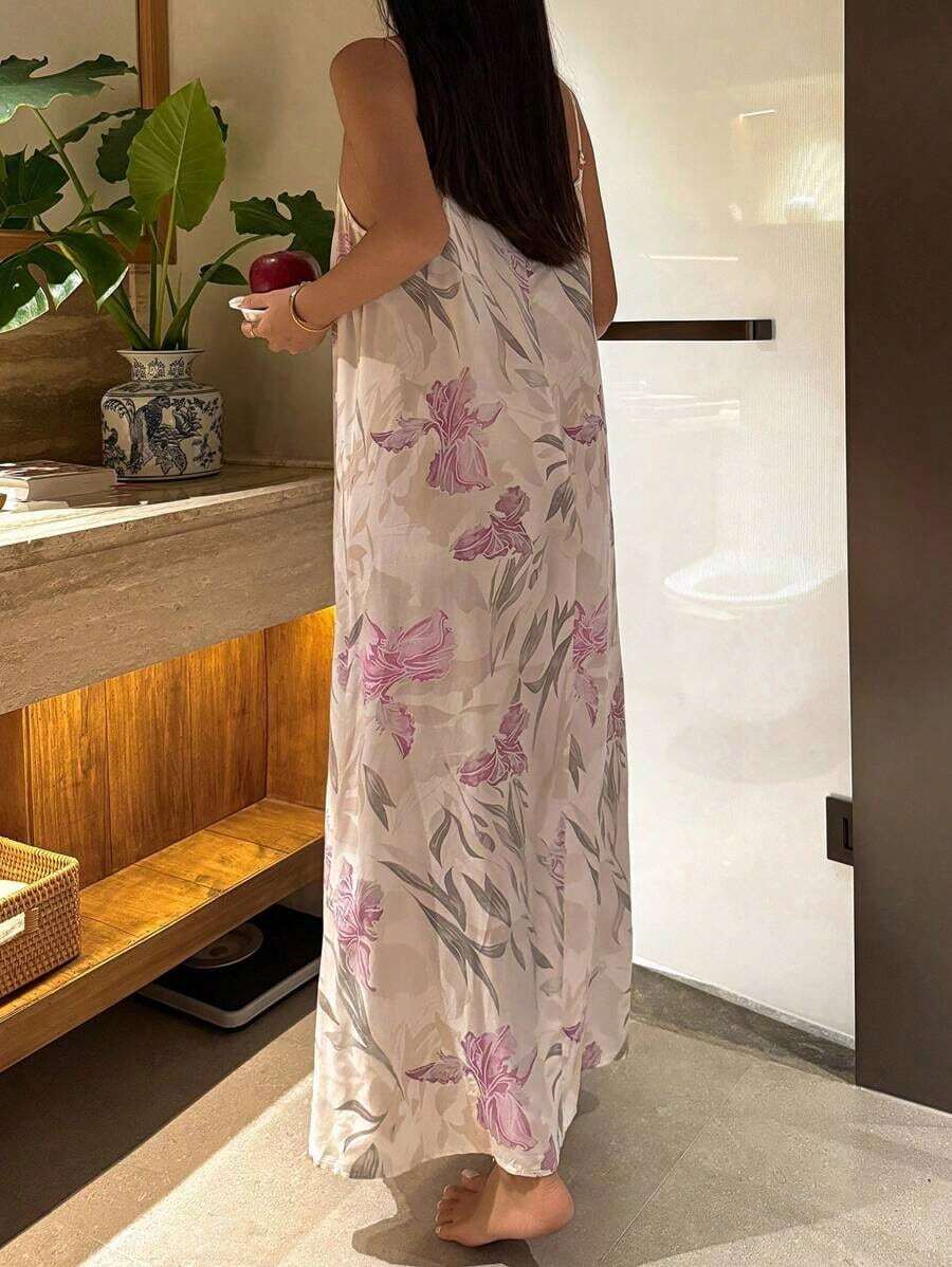 Vestido largo y ligero con estampado floral para mujeres, estilo de pijama para vacaciones, vestido de noche tipo muu muu - Morado 2 - Ver 1
