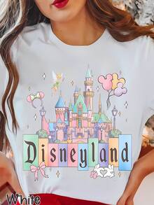 Disneyland Pastel Castle Coquette Tops De Mujer, Magical Tinker Bell Short Sleeve T-Shirt, Summer Tops For Women, Casual Loose Fit Vacation Outfits Women, Whimsical Park Sign Tee, Comfortable Crewneck For Summer & Travel - trắng - Xem 1