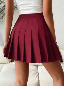 Falda pantalón casual de talle alto con pliegues y rayas para mujer - Burdeos - Ver 2