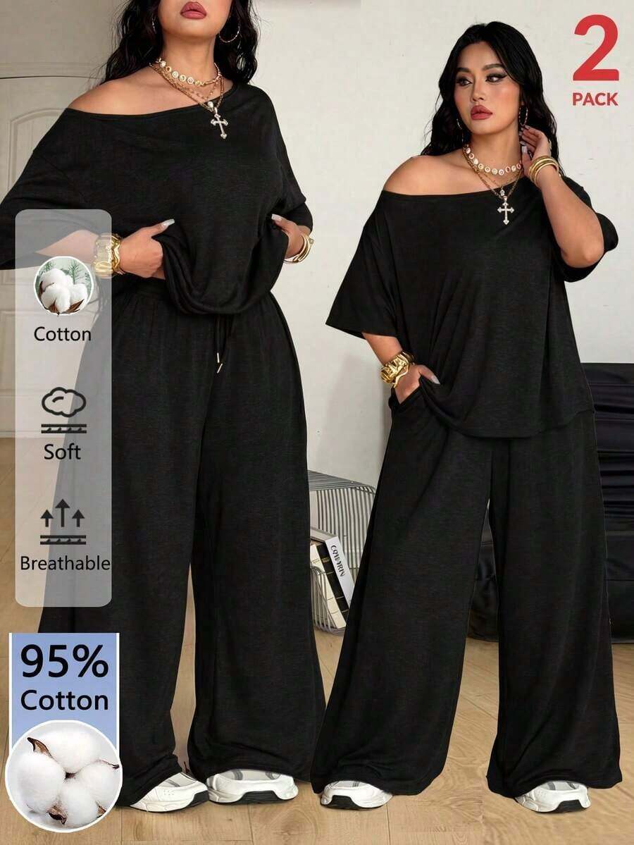 Conjunto de dos piezas de camiseta hombros descubiertos y pantalón ancho de chándal para mujer talla grande, minimalista, ropa de calle, uso diario, salir, deporte, cómodo - Negro - Ver 1