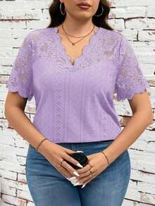 Clasi Camiseta de talla grande de verano de unicolor con contraste de encaje calado y bordado - Púrpura malva - Ver 8