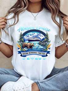 Women's Cotton T-Shirts Alaska Cruise Making Memories Together 2026, T-Shirt For Women And Men, Family Vacation Souvenir, Gift, Summer Travel Shirt With Bear And Boat Design, Women's Basic Blouses. - 白色 - 查看 1