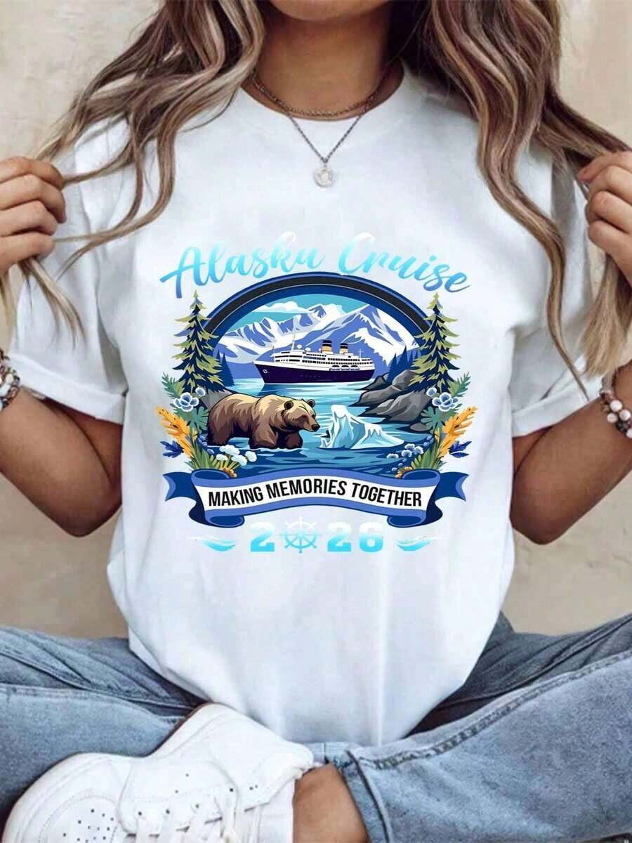 Women's Cotton T-Shirts Alaska Cruise Making Memories Together 2026, T-Shirt For Women And Men, Family Vacation Souvenir, Gift, Summer Travel Shirt With Bear And Boat Design, Women's Basic Blouses. - 白色 - 查看 1