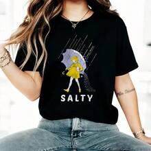 Chica con paraguas, camiseta de algodón puro de cuello redondo, uso diario, información de moda.Ropa Urbana de Verano - Negro - Ver 5