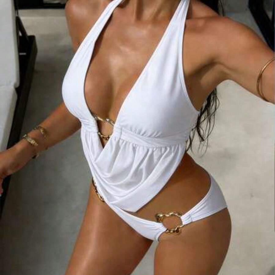 Bonvoyette Women's Deep V-Neck Black Casual Beach Vacation Top And Solid Color High-Cut Bikini Bottom 2-Piece Swimwear Set, Summer Yellow Two Piece Set Bikini Yellow Two Piece Swimsuit Zestiva Swimsuit Zante Holiday Outfit - Blanco - Ver 1