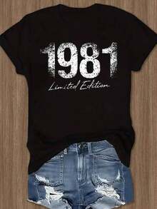 Sommar Toppar Dam 2026 1981 Limited Edition Women's Fashion T-Shirt | Short Sleeves, Round Neck, Regular Fit, Geometric Pattern, Slightly Stretchy Fabric Haut éTé - Black - View 6