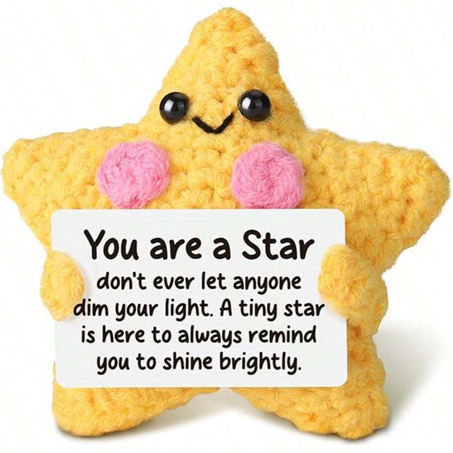 1pc Cute Yellow Crochet Star Plush Toy, Handmade With Soft Yarn, Featuring Happy Embroidered Smile, Bead Eyes And Sweet Pink Cheeks - Multicolor - View 1