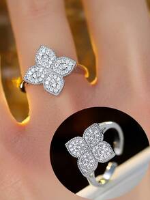 1pc Elegant 4-Petal Flower Zirconia Inlaid Open Ring, Delicate Accessory For Daily And Work Wear - Open Ring - View 4