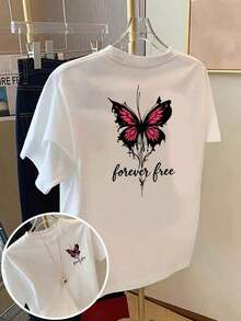 Under The RadarCamiseta estampada con diseño frontal y trasero 2026, "libertad y eternidad", estampado de mariposas, cuello redondo, manga corta, estilo casual para mujer, ajuste cómodo, tela agradable al tacto, diseño clásico, un artículo de moda imprescindible para las mujeres. Camiseta unisex de algodón holgada de manga corta y cuello redondo estilo vintage urbano - Blanco - Ver 1
