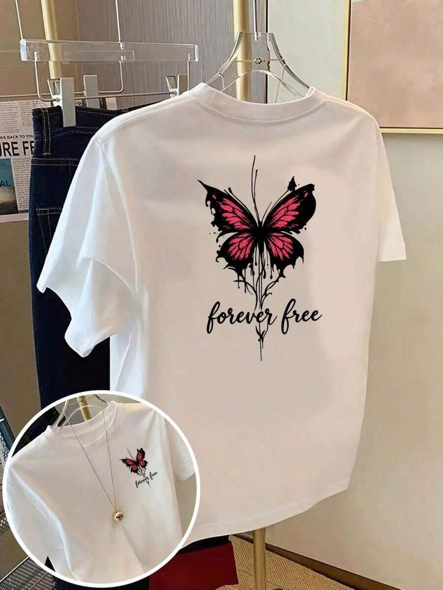 Under The RadarCamiseta estampada con diseño frontal y trasero 2026, "libertad y eternidad", estampado de mariposas, cuello redondo, manga corta, estilo casual para mujer, ajuste cómodo, tela agradable al tacto, diseño clásico, un artículo de moda imprescindible para las mujeres. Camiseta unisex de algodón holgada de manga corta y cuello redondo estilo vintage urbano - Blanco - Ver 1