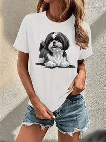 Camiseta de Mujer de Algodón Puro 180G con Diseño de Perro Shih Tzu Blanco - Adorable Retrato de Cachorro Blanco y Negro - Blanco - Ver 1