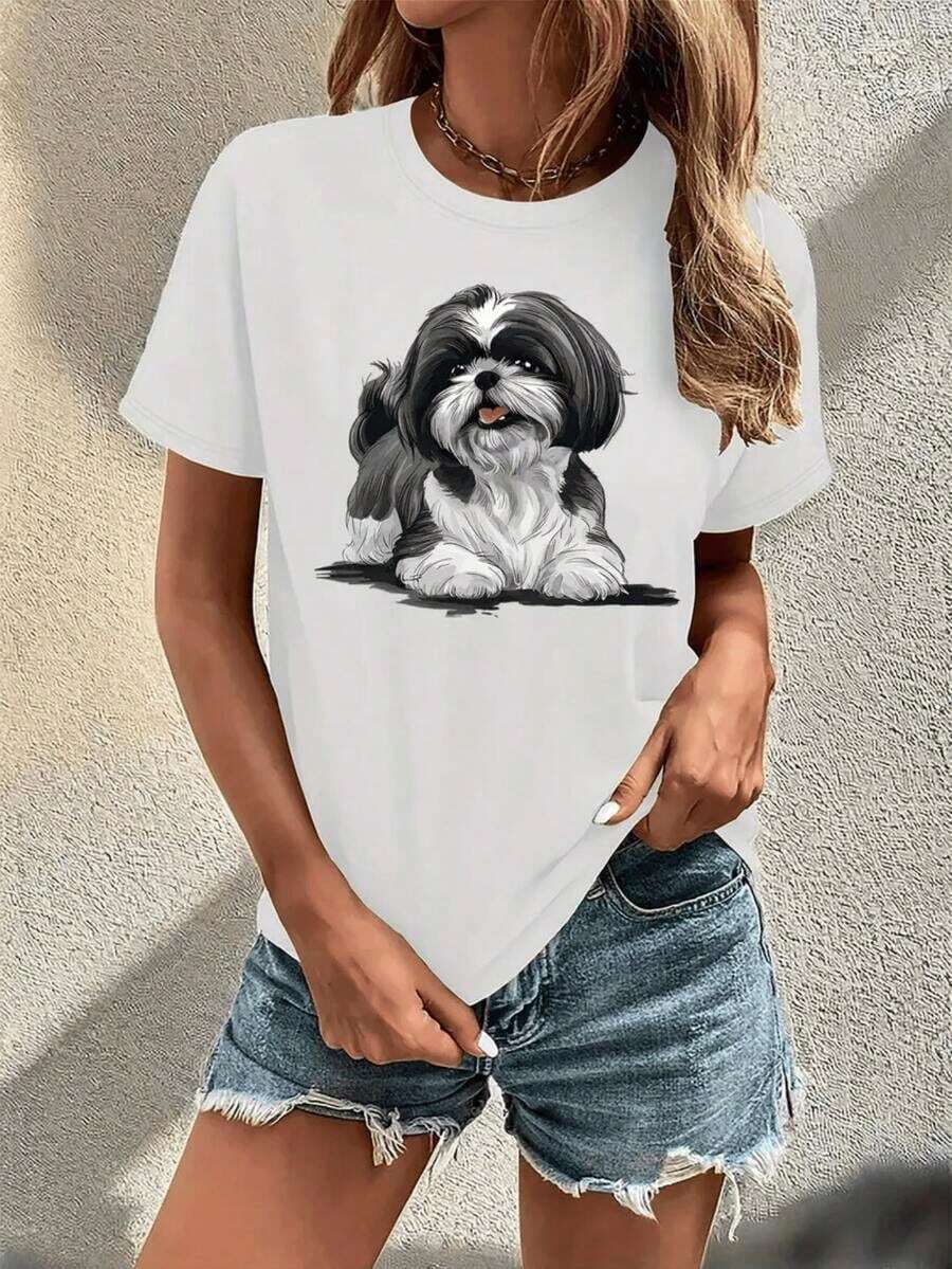 Camiseta de Mujer de Algodón Puro 180G con Diseño de Perro Shih Tzu Blanco - Adorable Retrato de Cachorro Blanco y Negro - Blanco - Ver 1