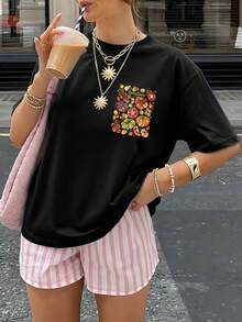 Women's Spring/Summer Clothing, Double-Sided Print, Watercolor Style, Tomato And Small Flower Design, Versatile Off-Shoulder Loose Fit Short-Sleeve T-Shirt, Quan Kwinter Women's Clothing. - 黑色 - 查看 3