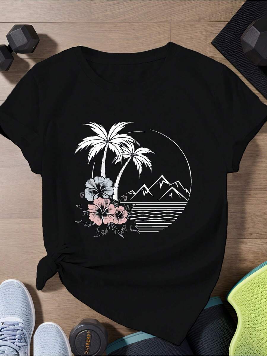Camiseta ligera de una sola pieza para mujer con estampado de palmeras tropicales y puesta de sol en la montaña - camiseta negra casual de manga corta y cuello redondo, lavable a máquina, ajuste cómodo para todas las estaciones, nueva moda de verano, regalo para el Día del Padre, atuendo casual diario. - Negro - Ver 1