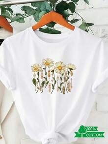1 camiseta de mujer con cuello redondo, estampado de letras y anime, de diseño sencillo, cómoda y transpirable, adecuada para uso casual diario y versátil, que muestra un estilo natural y elegante, imprescindible para fiestas de verano, envío local. Diseño de tallo y hoja de margarita, 180g, 100% algodón. - Blanco - Ver 1
