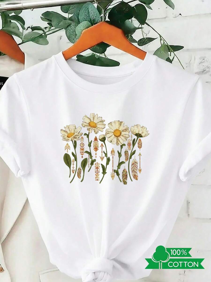 1 camiseta de mujer con cuello redondo, estampado de letras y anime, de diseño sencillo, cómoda y transpirable, adecuada para uso casual diario y versátil, que muestra un estilo natural y elegante, imprescindible para fiestas de verano, envío local. Diseño de tallo y hoja de margarita, 180g, 100% algodón. - Blanco - Ver 1