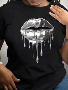 Camisetas con Estampado de Labios Plateados Fundidos para Mujer, Camiseta de Moda con Diseño Artístico, 220g - Negro - Ver 7