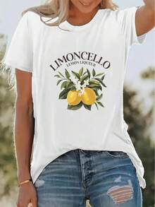 Suave camiseta nueva de verano con estampado de limones, estilo básico casual de cuello redondo, camiseta de manga corta para vacaciones de primavera/verano, mezcla elástica, ropa deportiva para mujer, ropa nueva para mujer, lavable a máquina, blusas elegantes para mujer. - Blanco - Ver 7