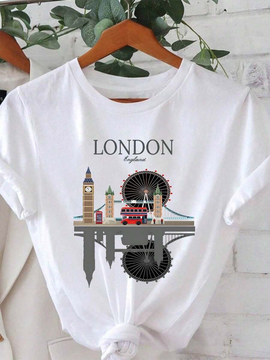 Camiseta casual de verano para mujer, con estampado del logo de Londres, de manga corta, transpirable y cómoda, con cuello redondo, estilo urbano, adecuada para uso diario, fiestas y ocasiones sociales, ideal para salidas y actividades deportivas, ropa para regalo. - Blanco - Ver 1