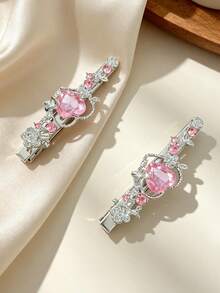 2pcs Women Hair Clips, Delicate Sweet Heart Crystal Hair Clips, Elegant Side Bangs Hairpins - Multicolor - View 3