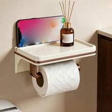 1PC Bathroom Storage Shelf - A Toilet Paper Holder Featuring An Extended Storage Platform. This Sturdy Unit Serves As Both A Mobile Phone Stand And A Storage Shelf, Specifically Designed To Hold Baby Wipes, Bath Essentials, And Various Small Necessities. An Ideal Choice For New Parents, Bathrooms, And Nurseries. - Multicolor - View 13