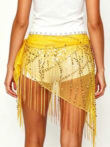 Women Belly Dance Sequin Tassel Hip Scarf Triangle Belt Wrap Skirts Music Festival Sheer Mesh Waist Chain - 黃色 - 查看 2