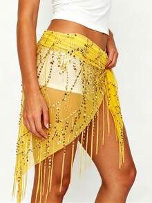 Women Belly Dance Sequin Tassel Hip Scarf Triangle Belt Wrap Skirts Music Festival Sheer Mesh Waist Chain - 黃色 - 查看 3