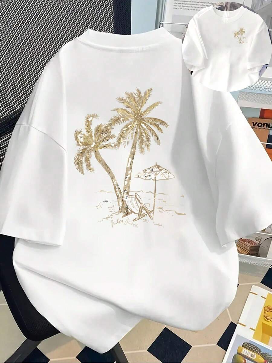 Short-Sleeved Top With A Palm Tree Print On The Front And Back, A Summer Must-Have, Perfect For Beach Vacations - Casual Women's Top - Women's Clothing, Comfortable Fit, Classic Design. Elegant Party Outfit, Stylish Ladies' T-Shirt, Blouses Suitable For Curvy Women, Prom Skirts, Casual Wear - 白色 - 查看 1