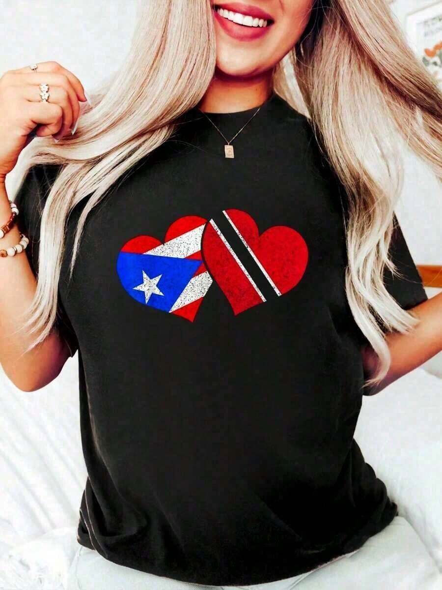 1 Piece 100% Cotton T-Shirt With The Flag Of Trinidad And Tobago, Puerto Rico, Trinidadian Heritage Style, For Men And Women, Large Size, Comfortable, Soft, Round Neck, 180g 100% Cotton - 黑色 - 查看 1