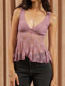 Women Summer Sleeveless Lace Floral Tank Tops V Neck Sheer Mesh Embroidered Ruffle Hem Tops Y2K Night Out Shirts - Purple - View 4