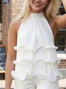 Women's Halter Neck Ruffle Top, Sleeveless Tiered Ruffle Blouse With Textured Chiffon Fabric, Flowy Silhouette For Versatile Styling - White - View 4