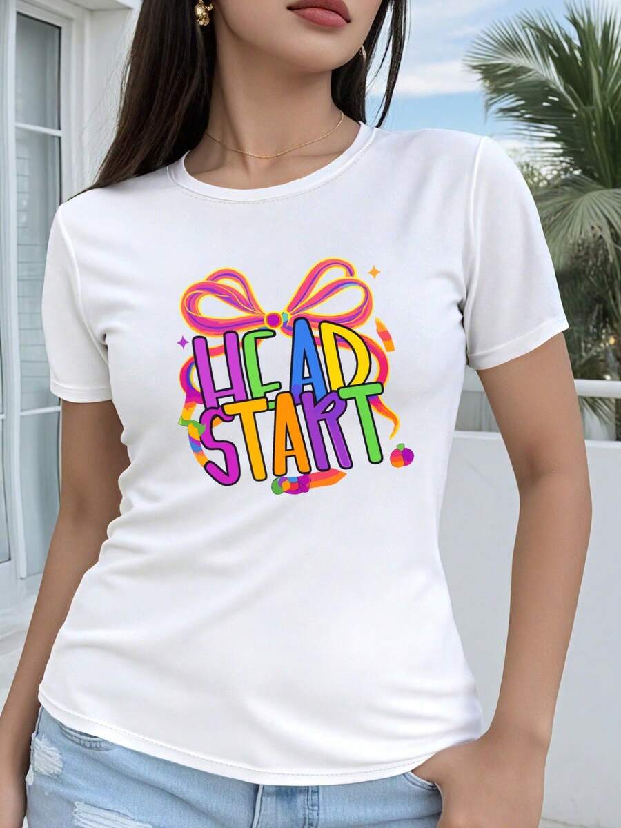 Women's Short-Sleeve T-Shirt, Regular Fit - Colorful 2D Geometric Print HEAD START. Vibrant Casual T-Shirt With Short Sleeves And A Round Neck, Suitable For All Seasons. Festive Fashion, Retro Aesthetic, Breathable Material, Fun Print. - 白色 - 查看 1